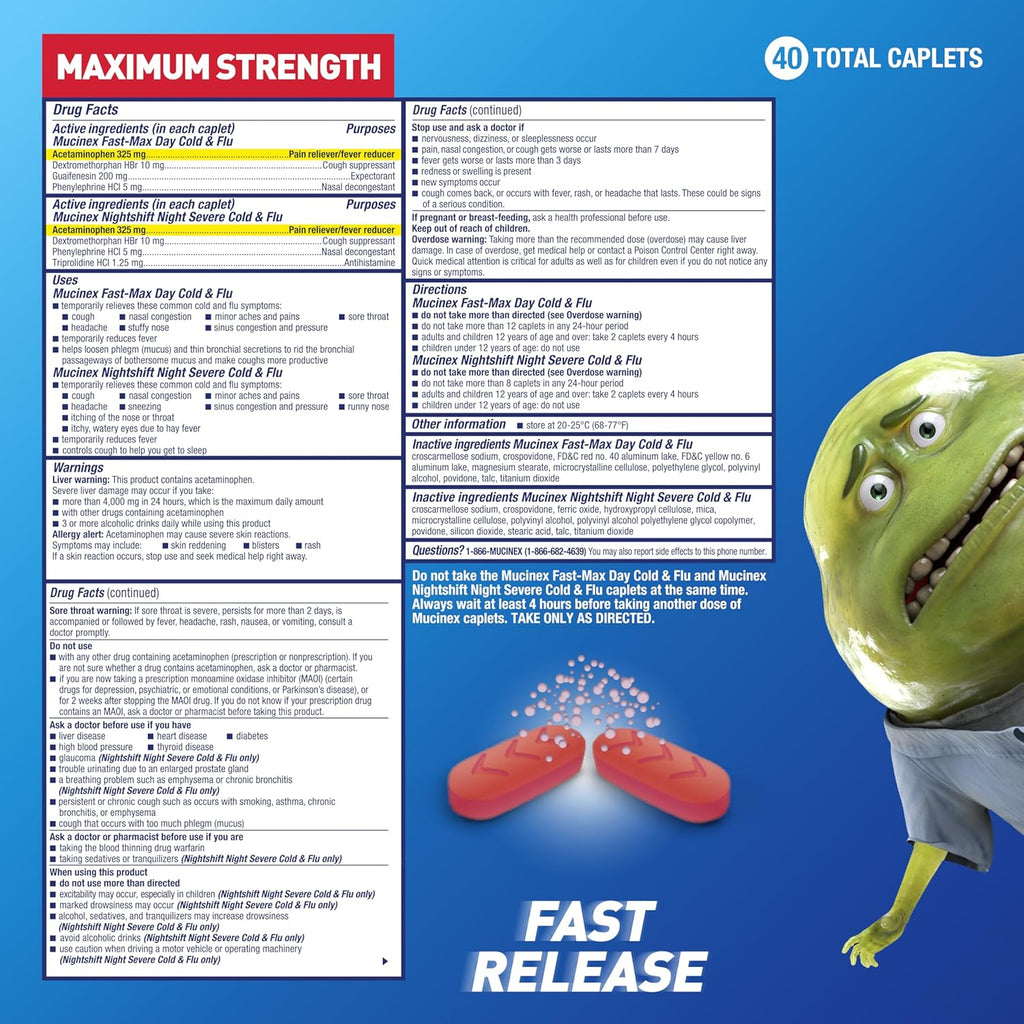 Fast-Max Day Cold and Flu & Nightshift Night Severe Cold and Flu Medicine for Adults, Day/Night Combo Pack for Fever, Sore Throat Relief, Decongestant, Cough & Cold Medicines, 40 Caplets