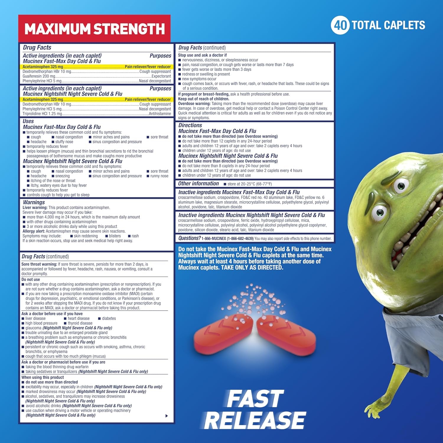 Fast-Max Day Cold and Flu & Nightshift Night Severe Cold and Flu Medicine for Adults, Day/Night Combo Pack for Fever, Sore Throat Relief, Decongestant, Cough & Cold Medicines, 40 Caplets