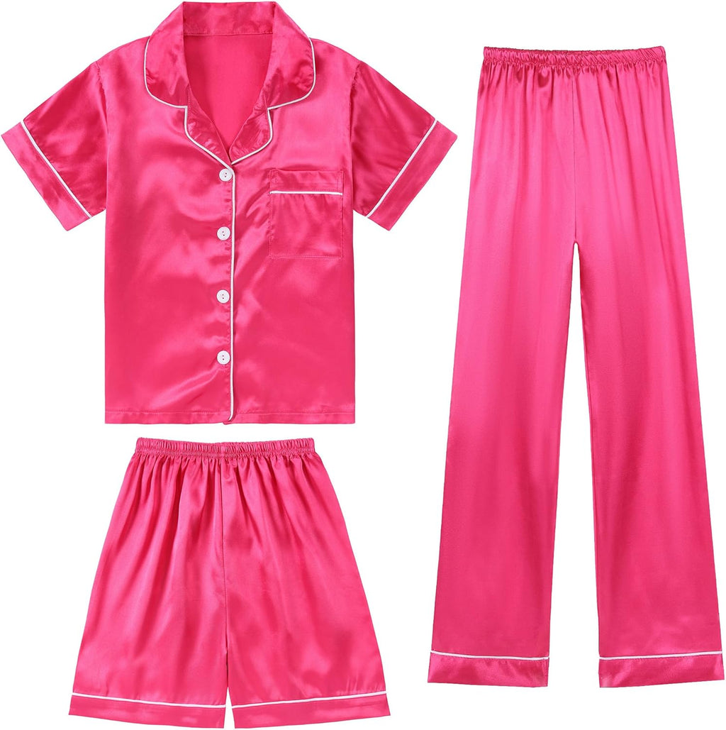 3 Piece Girls Silk Pajamas Set Soft Satin Pjs Sleepwear for Comfortable Nights