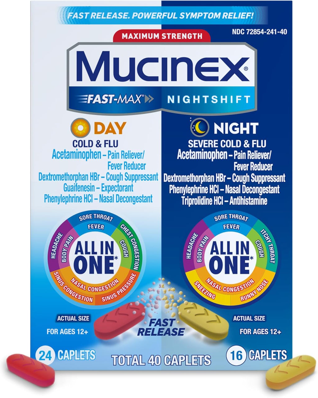 Fast-Max Day Cold and Flu & Nightshift Night Severe Cold and Flu Medicine for Adults, Day/Night Combo Pack for Fever, Sore Throat Relief, Decongestant, Cough & Cold Medicines, 40 Caplets