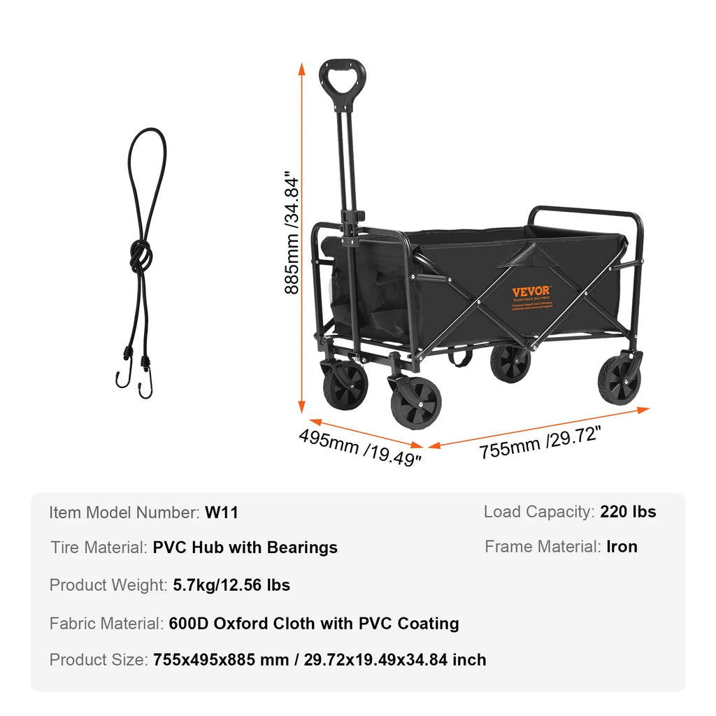VEVOR Heavy-Duty Collapsible Folding Wagon - 220 lbs Capacity Beach Cart with All-Terrain Wheels and Drink Holders for Camping, Shopping, and Outdoor Adventures