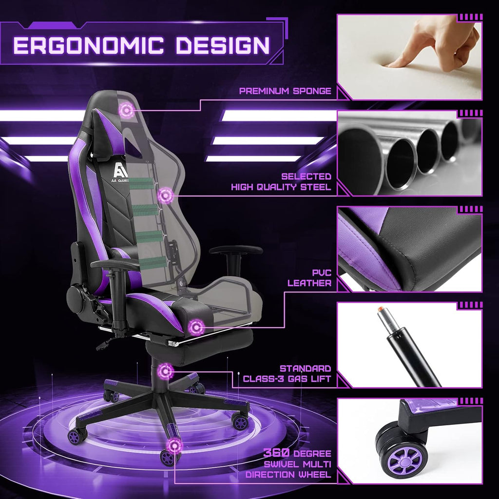 Elevate Your Gaming Experience with the Upgraded Blackpurple Ergonomic High Back Racing Chair - Adjustable Office Chair with Footrest and Lumbar Support