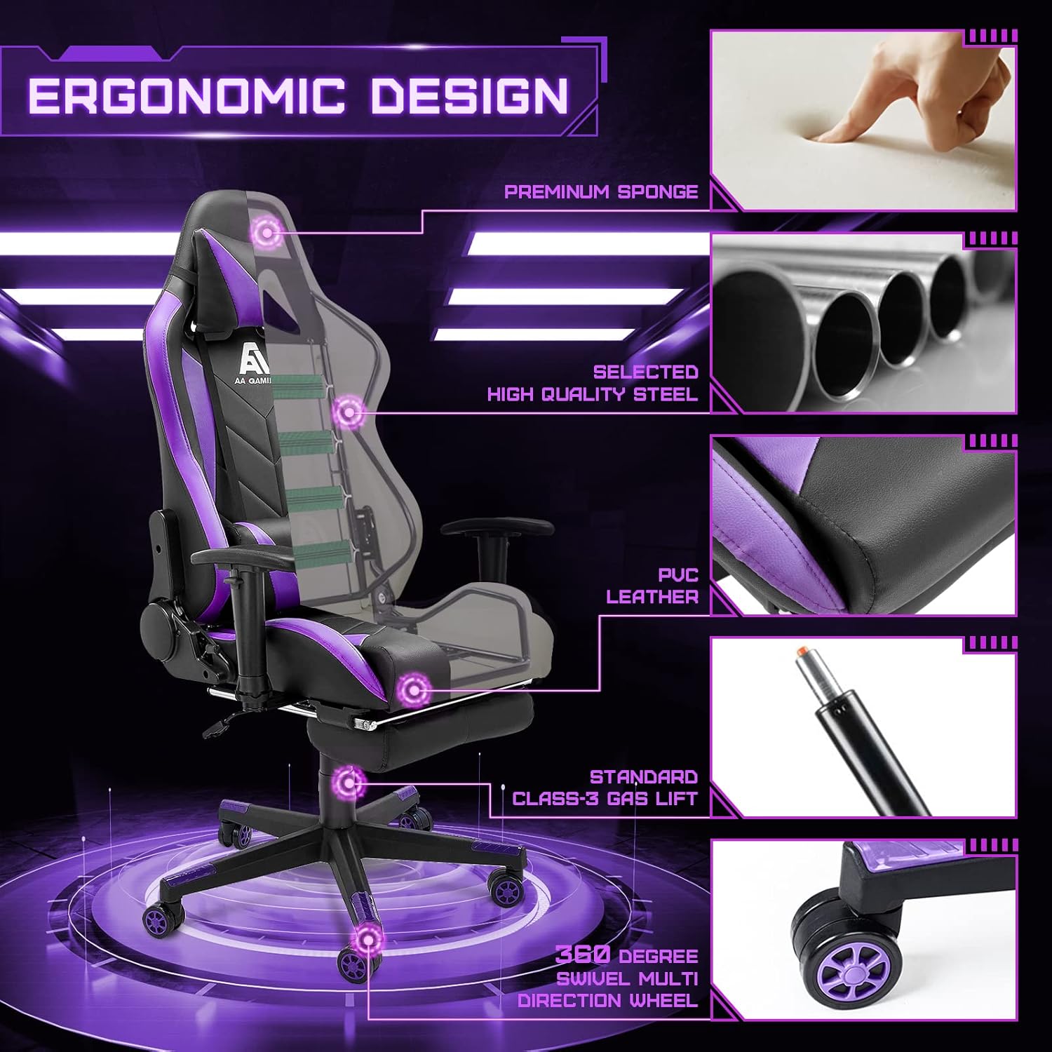 Elevate Your Gaming Experience with the Upgraded Blackpurple Ergonomic High Back Racing Chair - Adjustable Office Chair with Footrest and Lumbar Support
