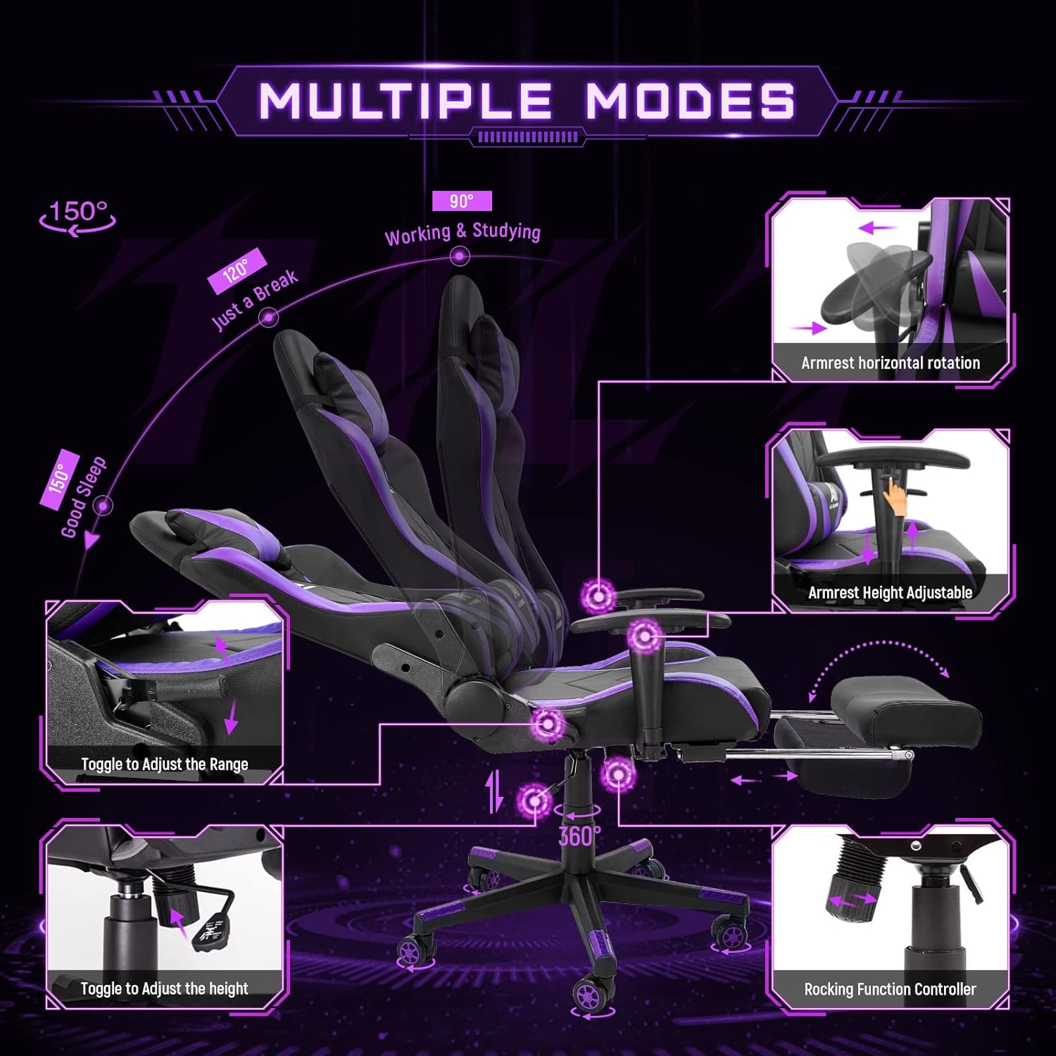 Elevate Your Gaming Experience with the Upgraded Blackpurple Ergonomic High Back Racing Chair - Adjustable Office Chair with Footrest and Lumbar Support