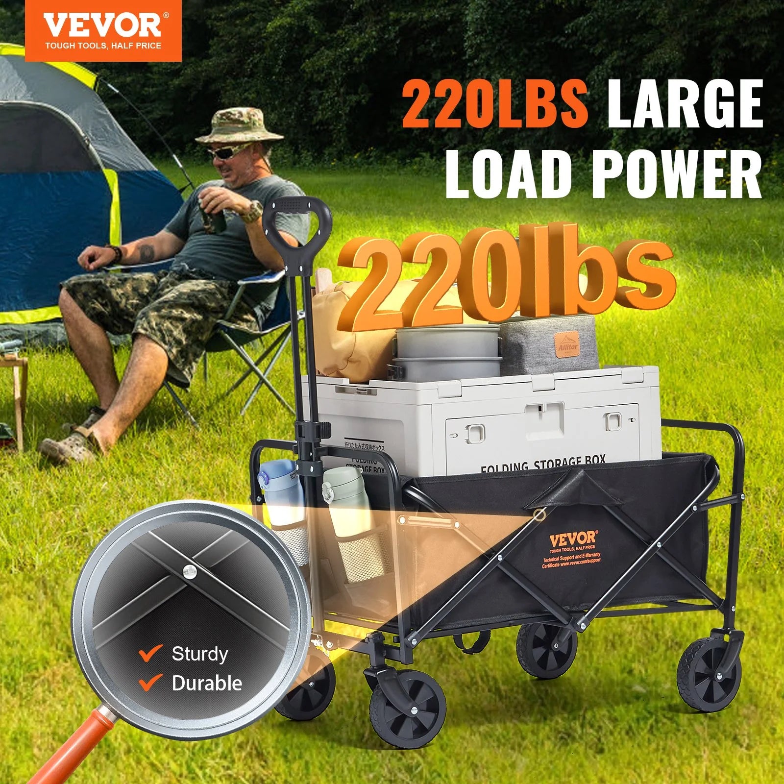 VEVOR Heavy-Duty Collapsible Folding Wagon - 220 lbs Capacity Beach Cart with All-Terrain Wheels and Drink Holders for Camping, Shopping, and Outdoor Adventures
