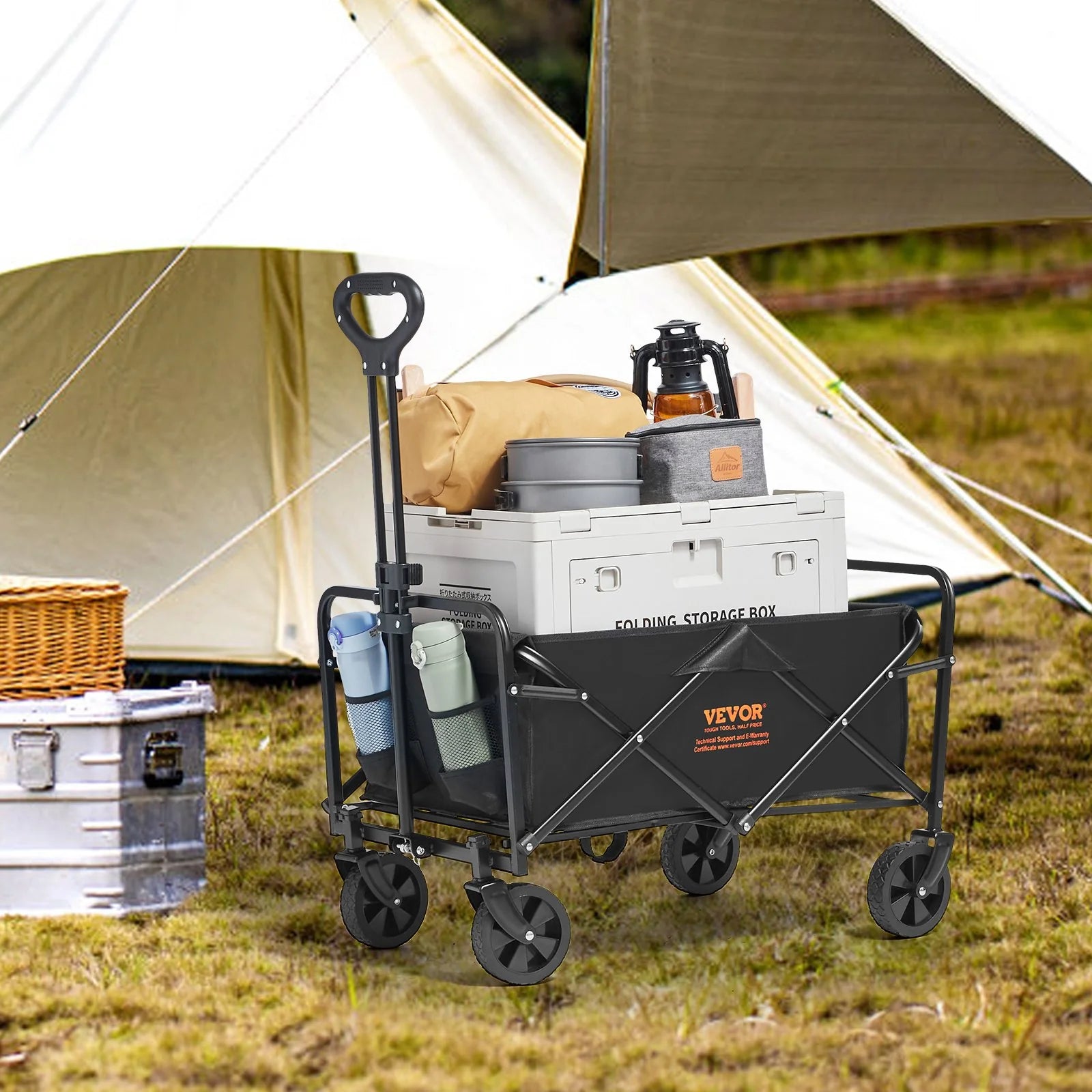 VEVOR Heavy-Duty Collapsible Folding Wagon - 220 lbs Capacity Beach Cart with All-Terrain Wheels and Drink Holders for Camping, Shopping, and Outdoor Adventures